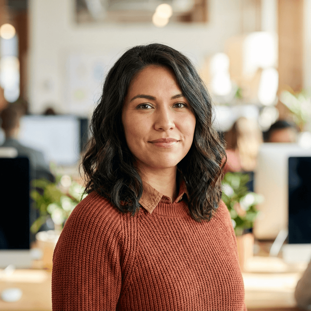 Femme souriante aux cheveux sombres ondulés portant un pull rouille dans un bureau flou.