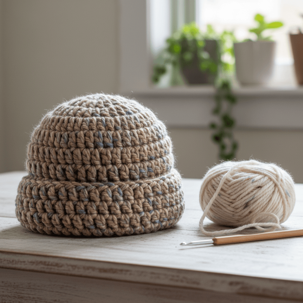 Bonnet en crochet sur mesure posé près d'une pelote de laine