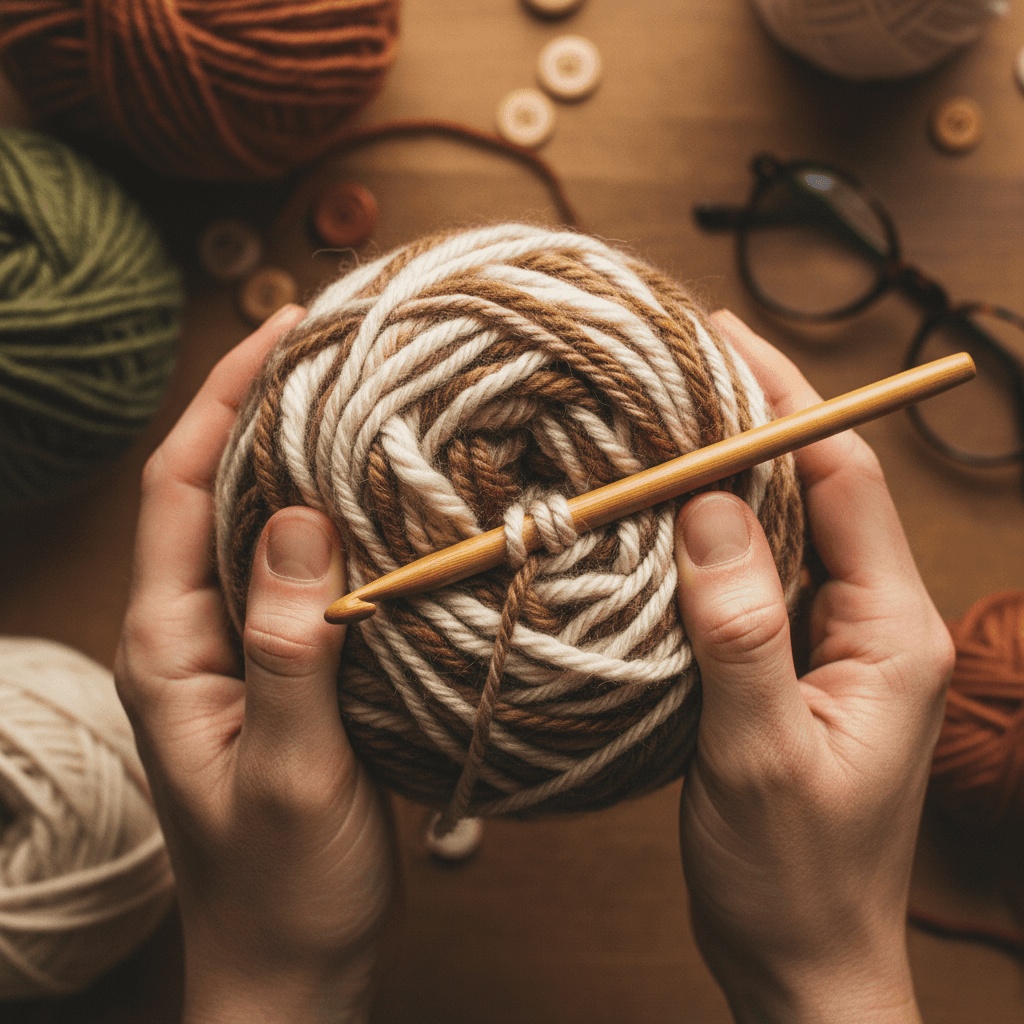 Mains tenant un écheveau de laine naturelle avec un crochet