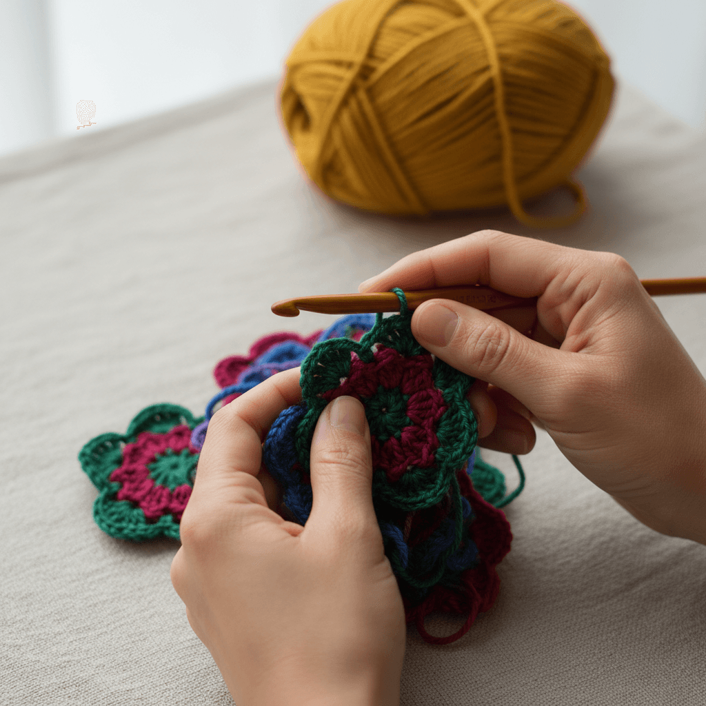 Schéma de crochet et abréviations posés près d'une pelote de laine