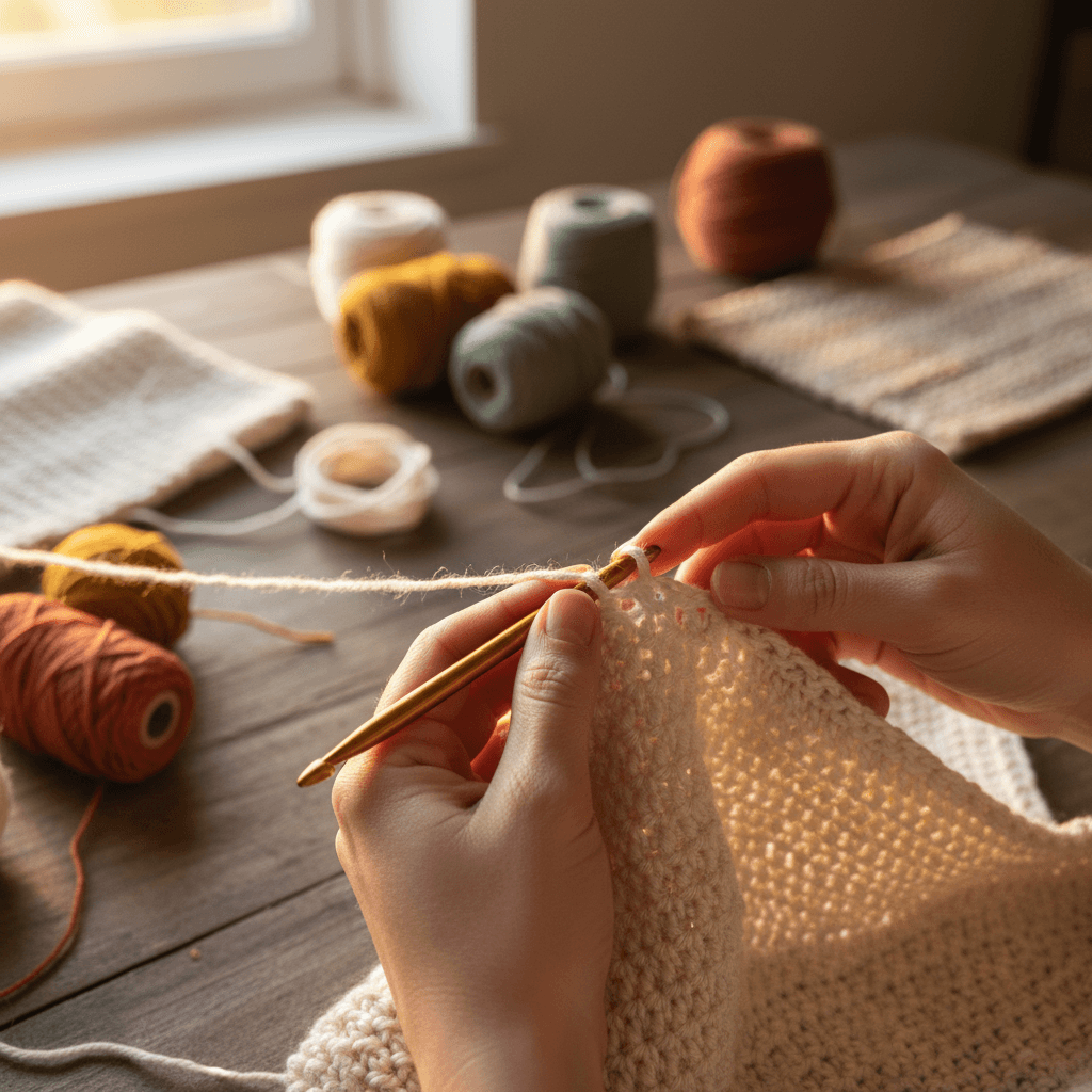 Mains en train de crocheter une maille