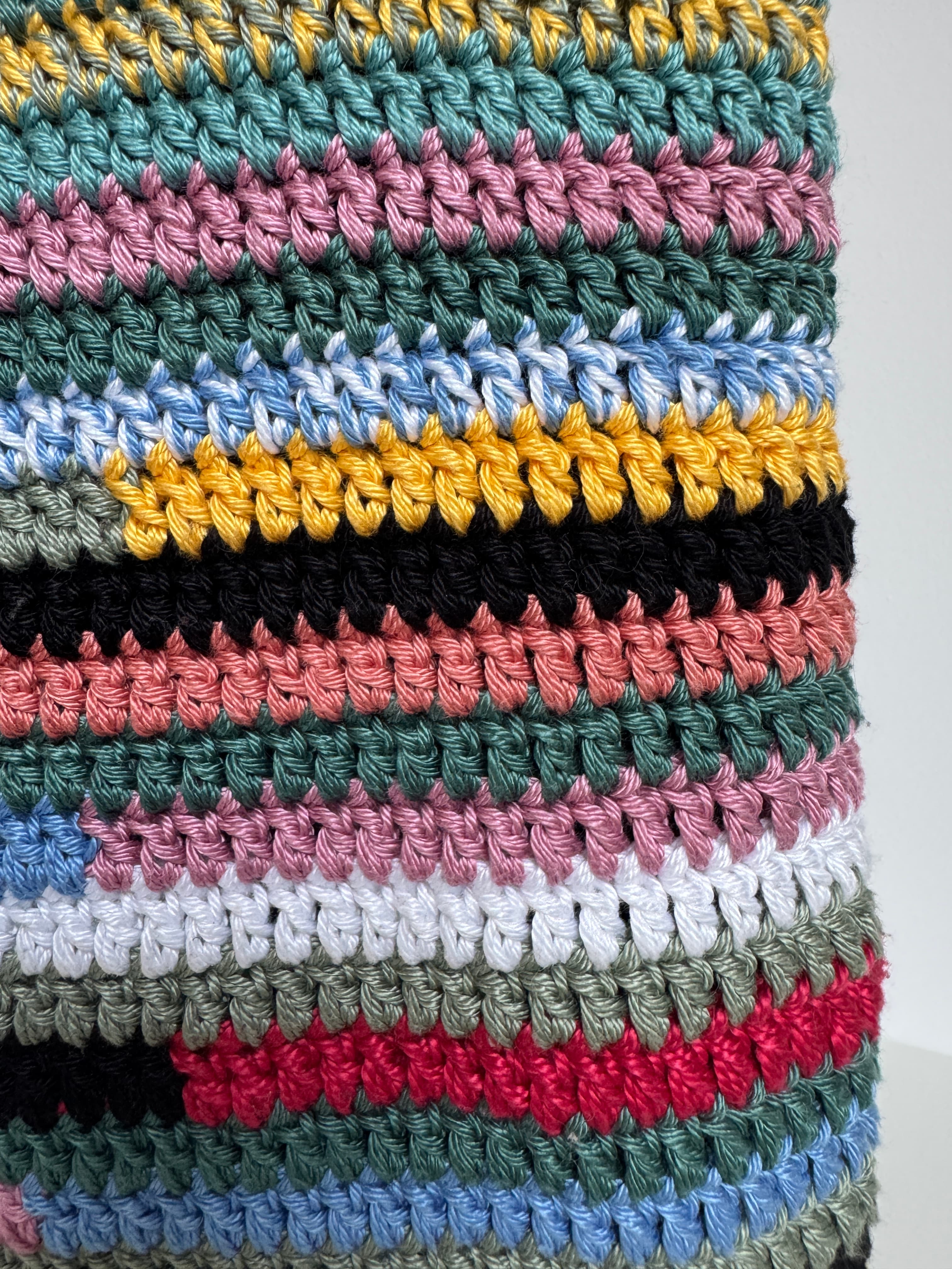 Détail d'un ouvrage au crochet avec des rangées horizontales de fils multicolores et texturés.